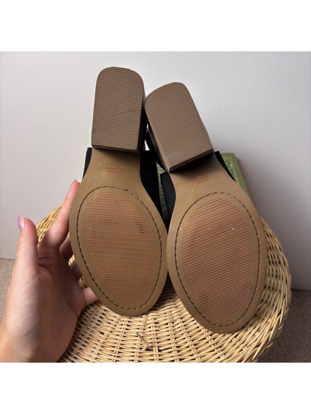 Like New Toms Black Faux Suede Heels 8 - Picture 6 of 7